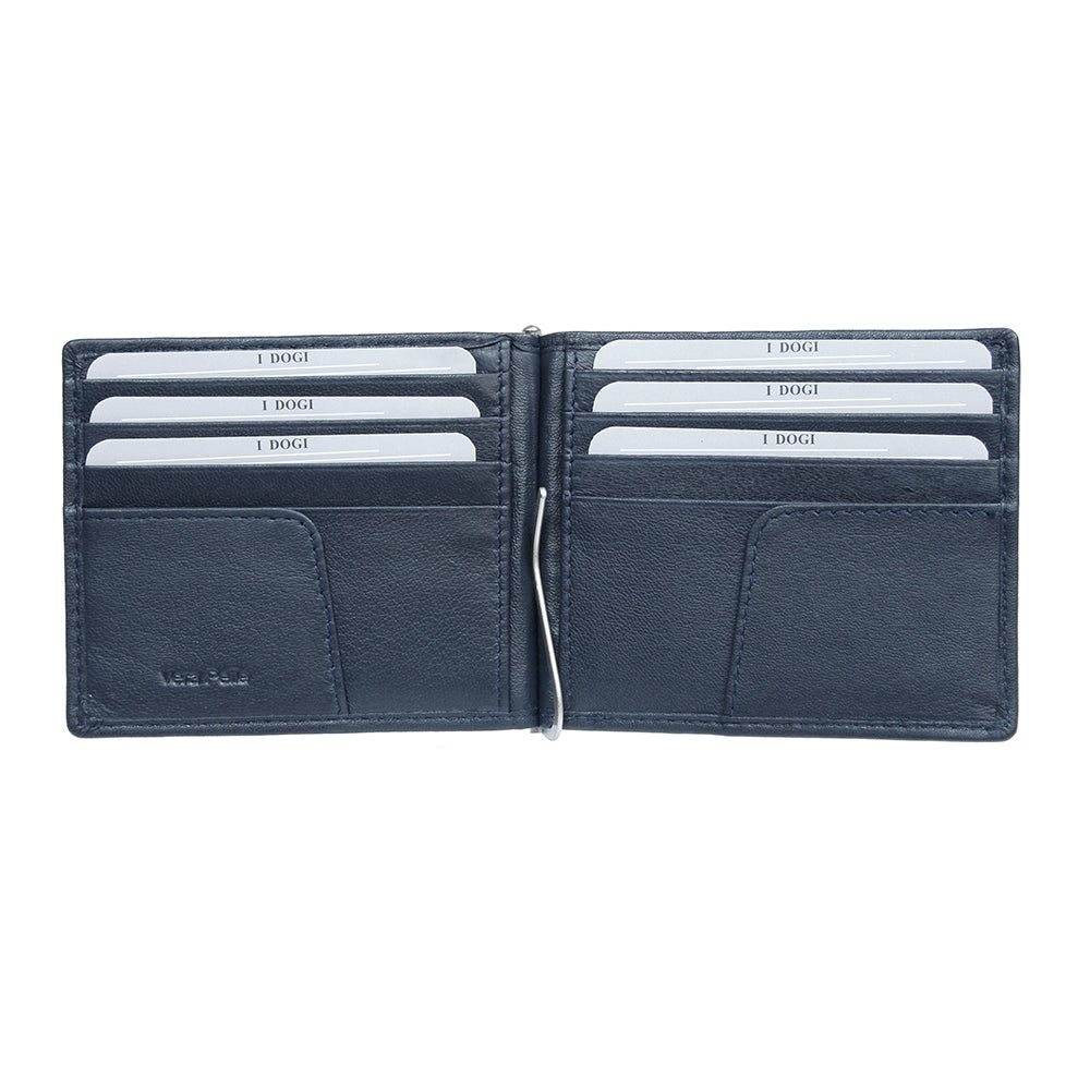 Open navy leather money clip wallet with card slots — Tony Perotti Cortina 5000 - on a white background