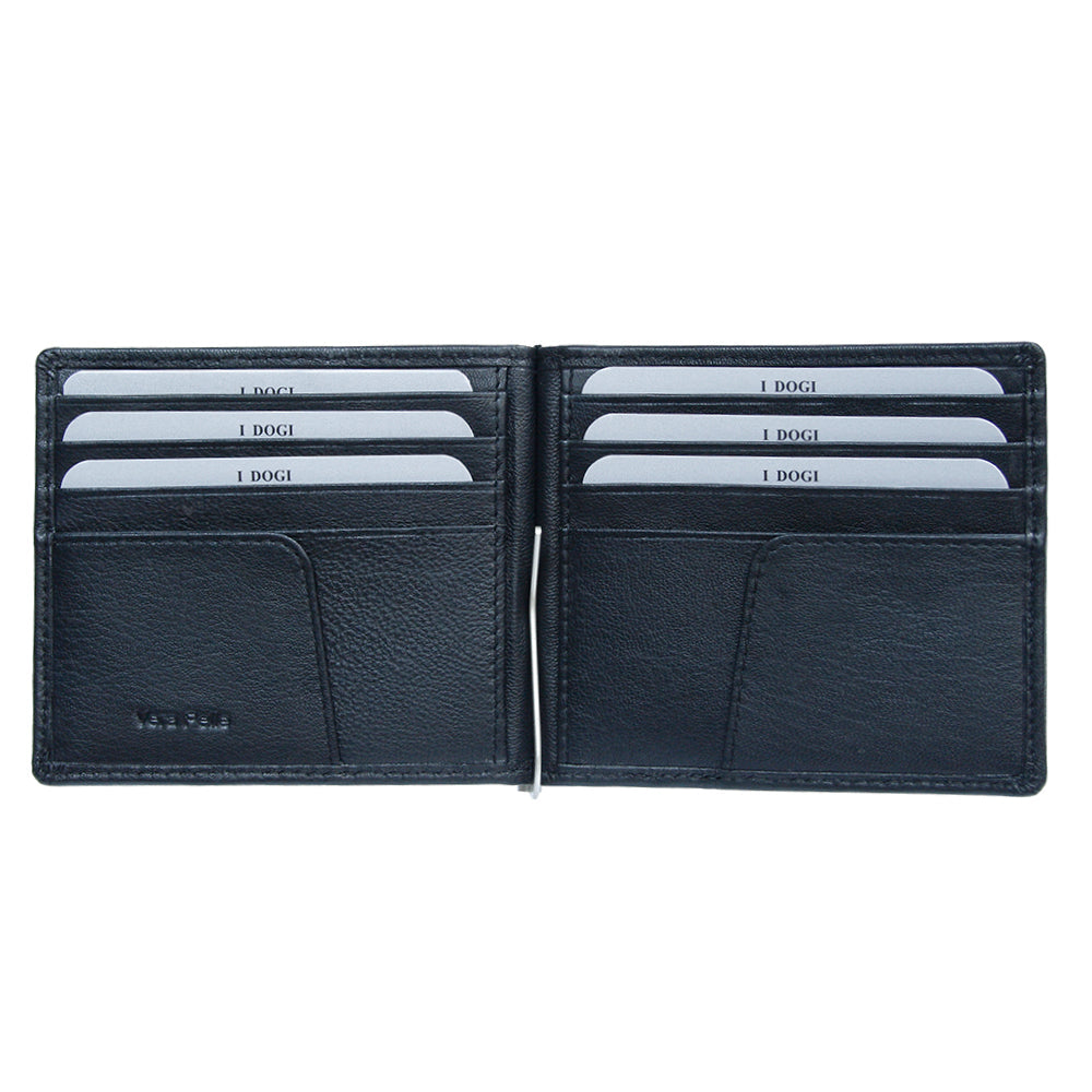 Open black leather money clip wallet with card slots — Tony Perotti Cortina 5000 nero
