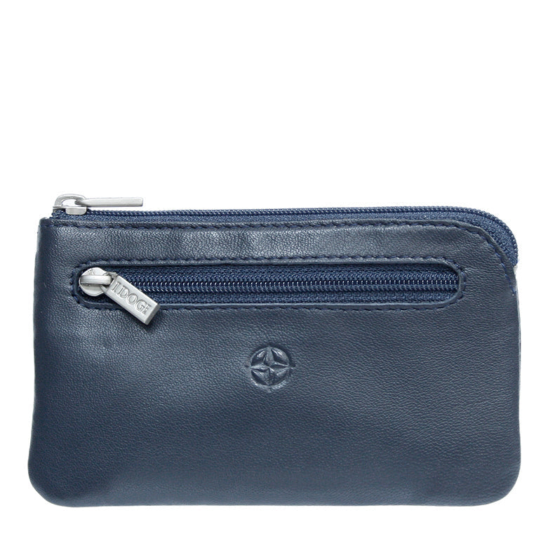 Tony Perotti navy calf leather zip key pouch with embossed Cortina compass emblem — Cortina 5002 navy
