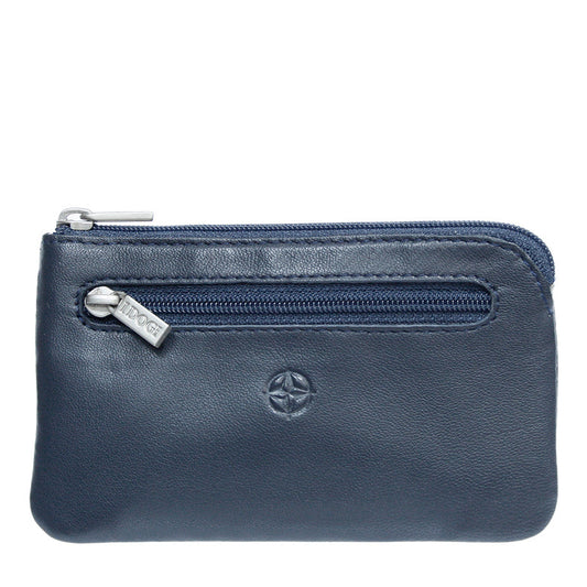 Tony Perotti navy calf leather zip key pouch with embossed Cortina compass emblem — Cortina 5002 navy