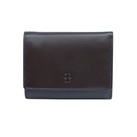 Dark brown Tony Perotti Cortina 5063 small trifold wallet seen straight on, closed