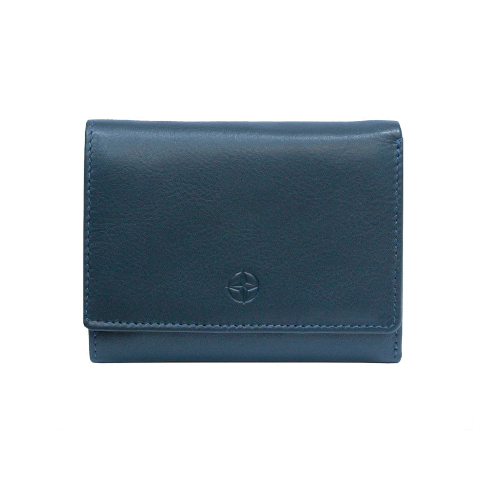 Navy Tony Perotti Cortina 5063 small trifold wallet seen straight on, closed, with the embossed compass rose on the flap