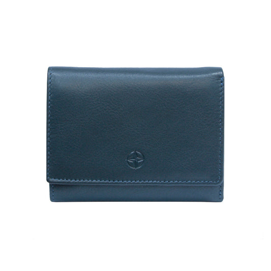 Navy Tony Perotti Cortina 5063 small trifold wallet seen straight on, closed, with the embossed compass rose on the flap