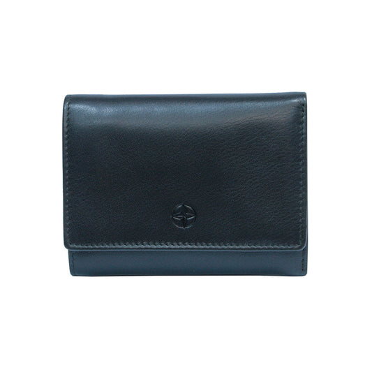 Black Tony Perotti Cortina 5063 small trifold wallet seen straight on, closed, with the embossed compass rose on the flap
