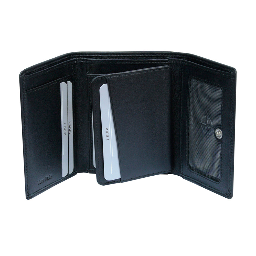 Tony Perotti Cortina 5063 nero opened wide with the window panel folded back, showing the card slots behind it