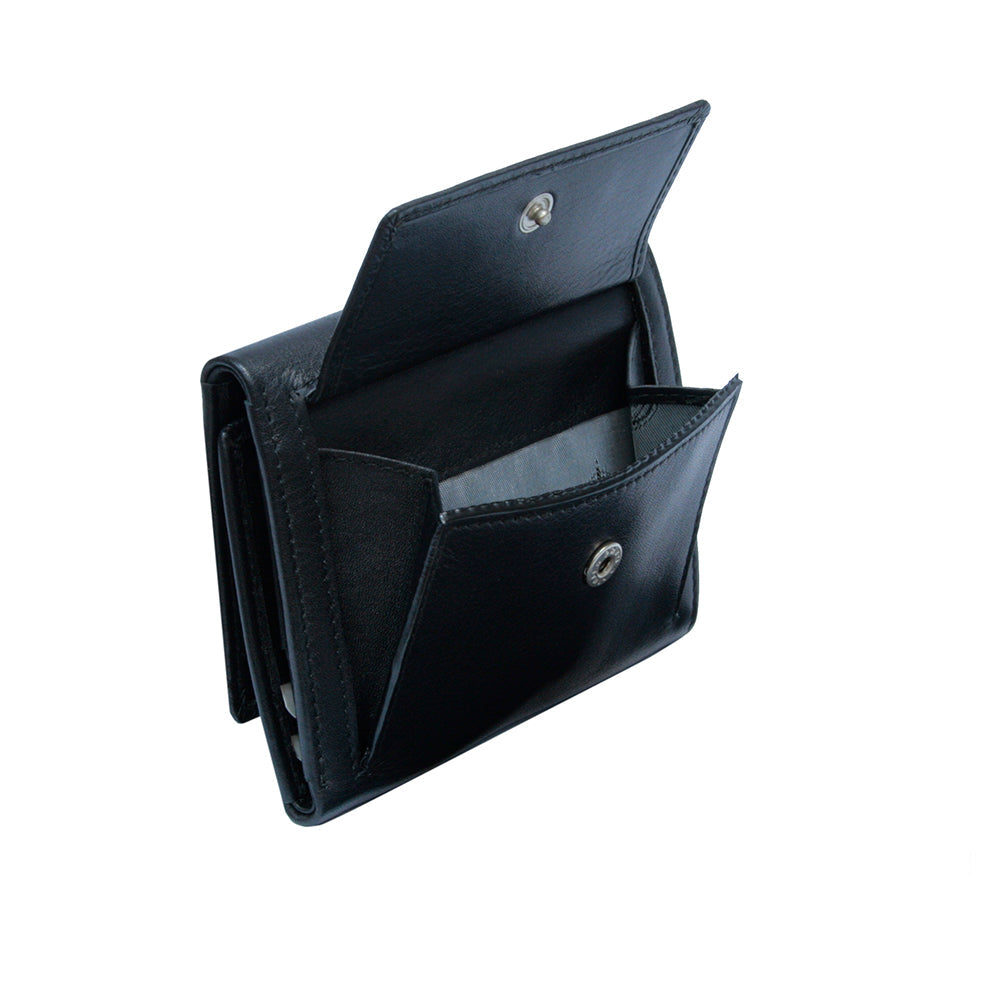 The back coin pocket of the black Tony Perotti Cortina 5063 wallet unsnapped and spread open