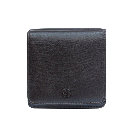 Dark brown Tony Perotti Cortina 5064 mini square wallet seen straight on, closed