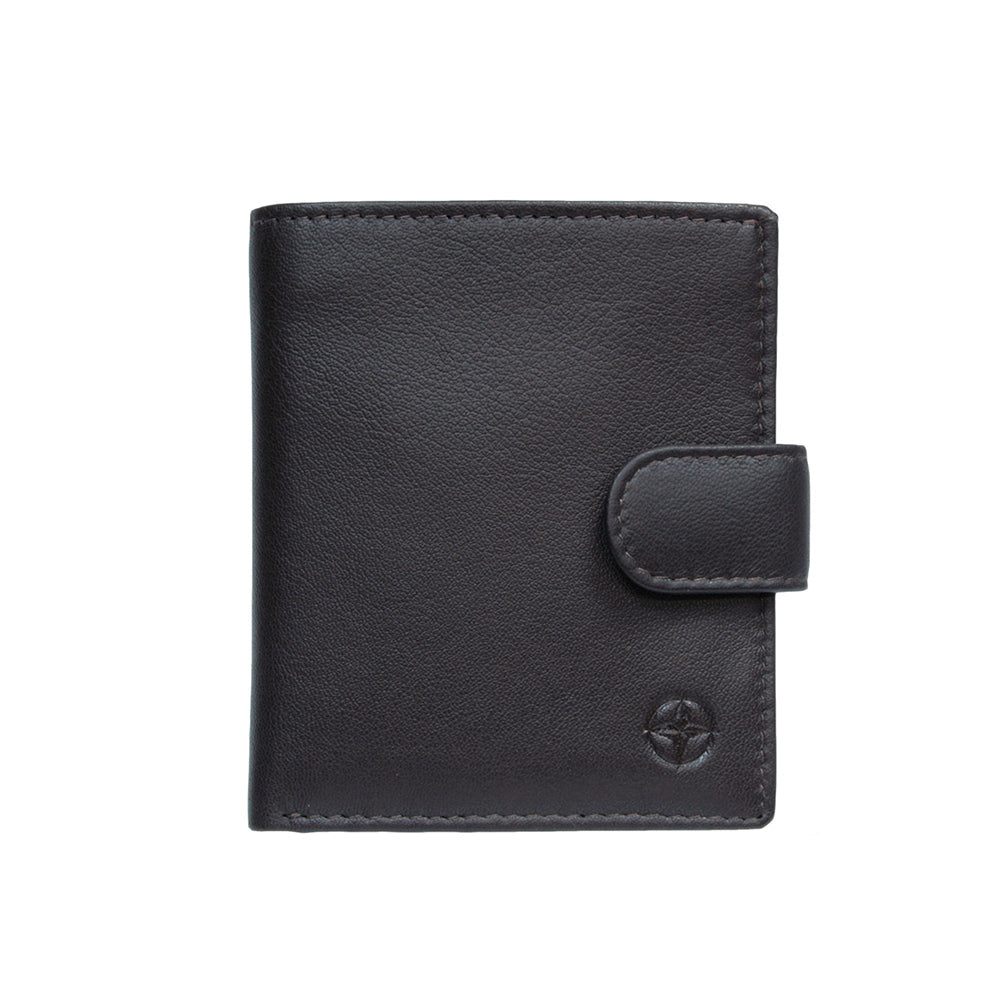 Tony Perotti Cortina 5071 moro dark brown calf leather bifold wallet with a leather snap strap