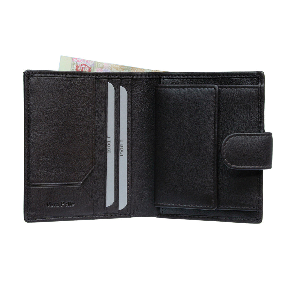 Dark brown Tony Perotti Cortina 5071 wallet open showing the snap coin pocket