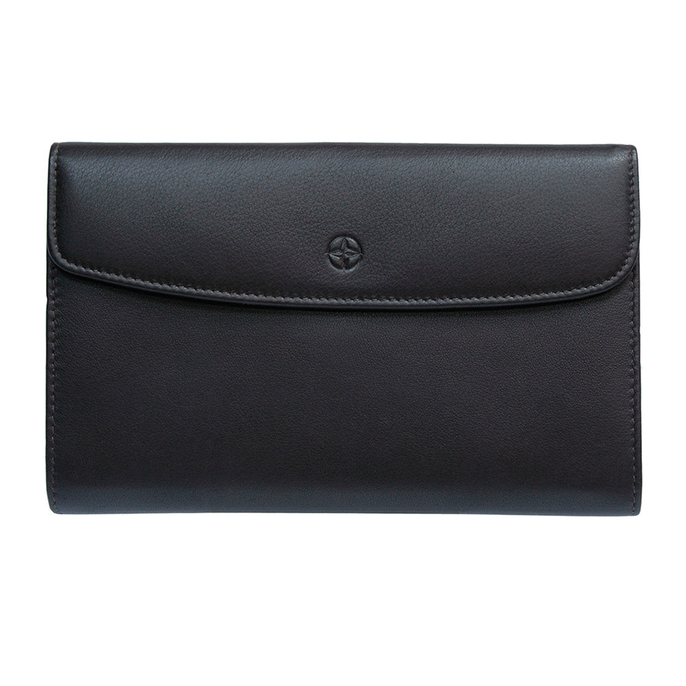 Dark brown Tony Perotti Cortina 5073 large flap wallet seen straight on, closed — the envelope flap with the embossed compass rose