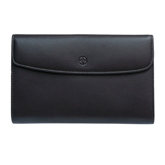 Dark brown Tony Perotti Cortina 5073 large flap wallet seen straight on, closed — the envelope flap with the embossed compass rose