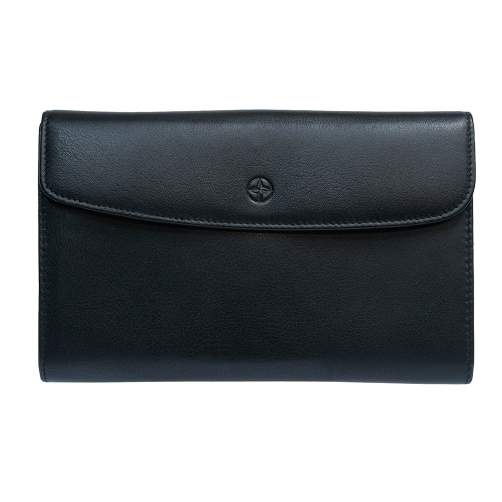 A black leather wallet or clutch with a flap closure and an embossed compass rose logo, shown against a plain white background.