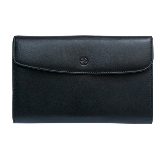 A black leather wallet or clutch with a flap closure and an embossed compass rose logo, shown against a plain white background.