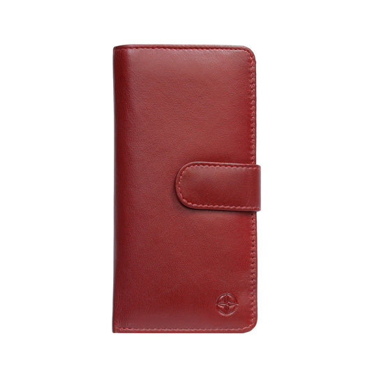 Red leather tall wallet Tony Perotti Cortina 5074 rosso closed — snap strap across the front and the embossed compass rose