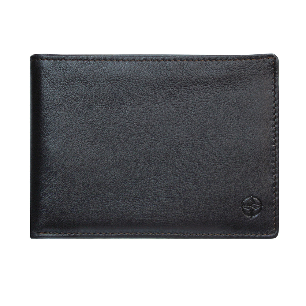 Tony Perotti dark brown calf leather bifold wallet Cortina 5085 moro with a textured grain finish, featuring a debossed compass rose logo in the bottom right corner