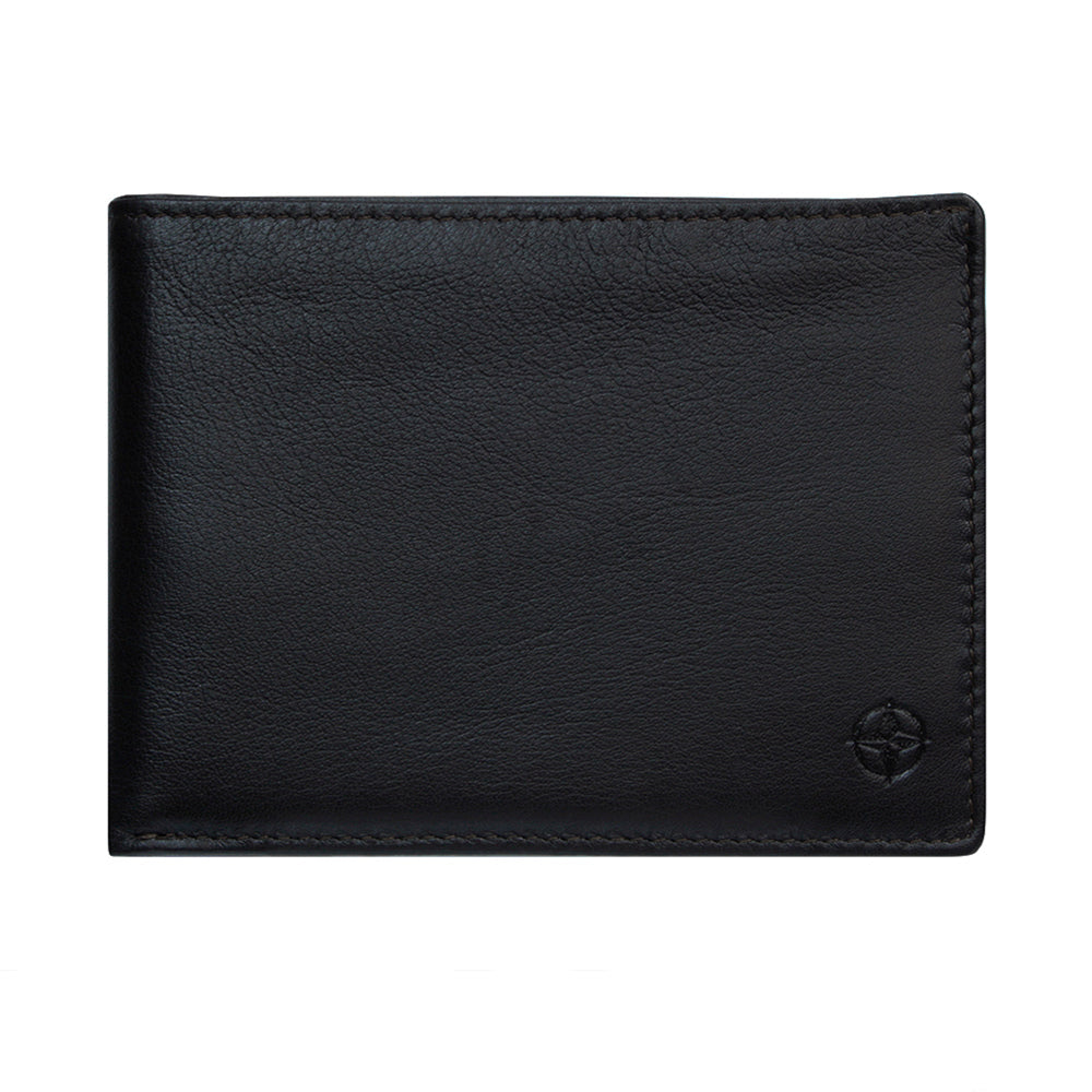 Tony Perotti Cortina 5085 black leather bi-fold wallet with a pebbled texture and a small embossed logo in the bottom right corner
