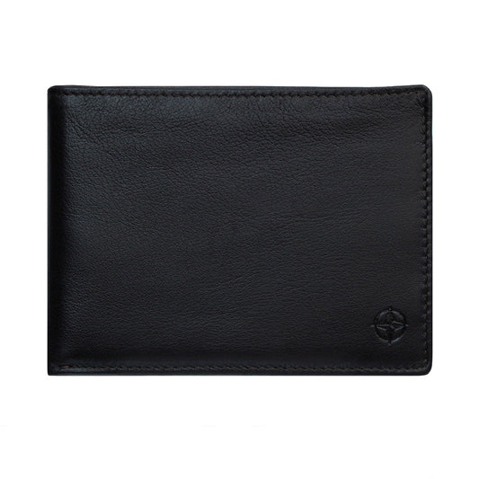 Tony Perotti black leather bi-fold wallet with a pebbled texture and a small embossed logo in the bottom right corner