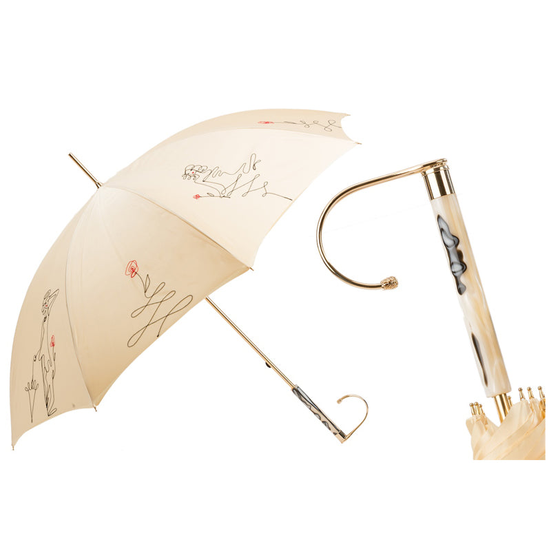 Elegant beige embroidered Pasotti women's umbrella with mother-of-pearl handle - img 1