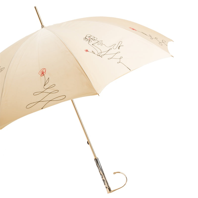 Elegant beige embroidered Pasotti women's umbrella with mother-of-pearl handle - img 3