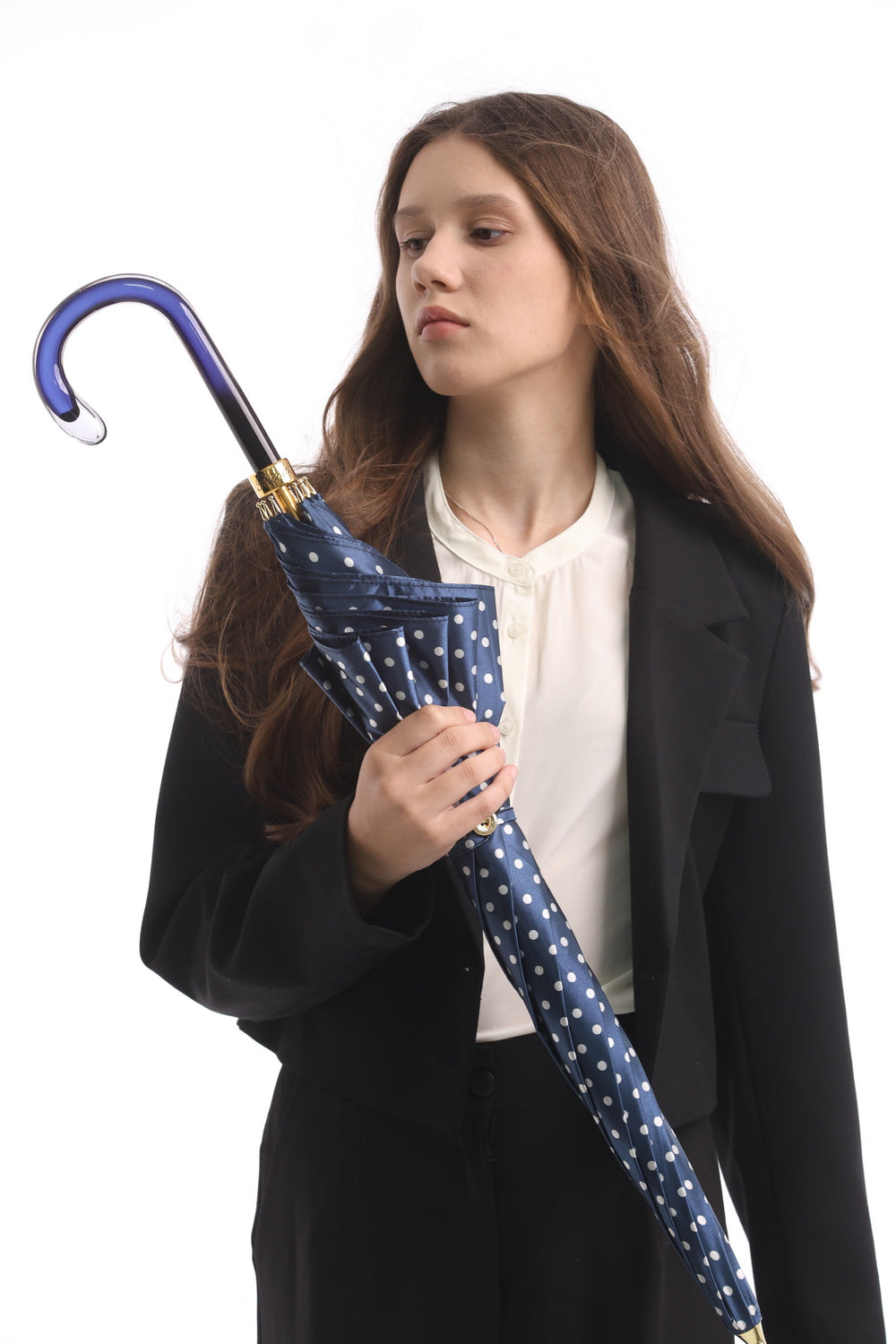 Pasotti Dames Blauwe Stokparaplu met Polkadotprint — 16-1408/9