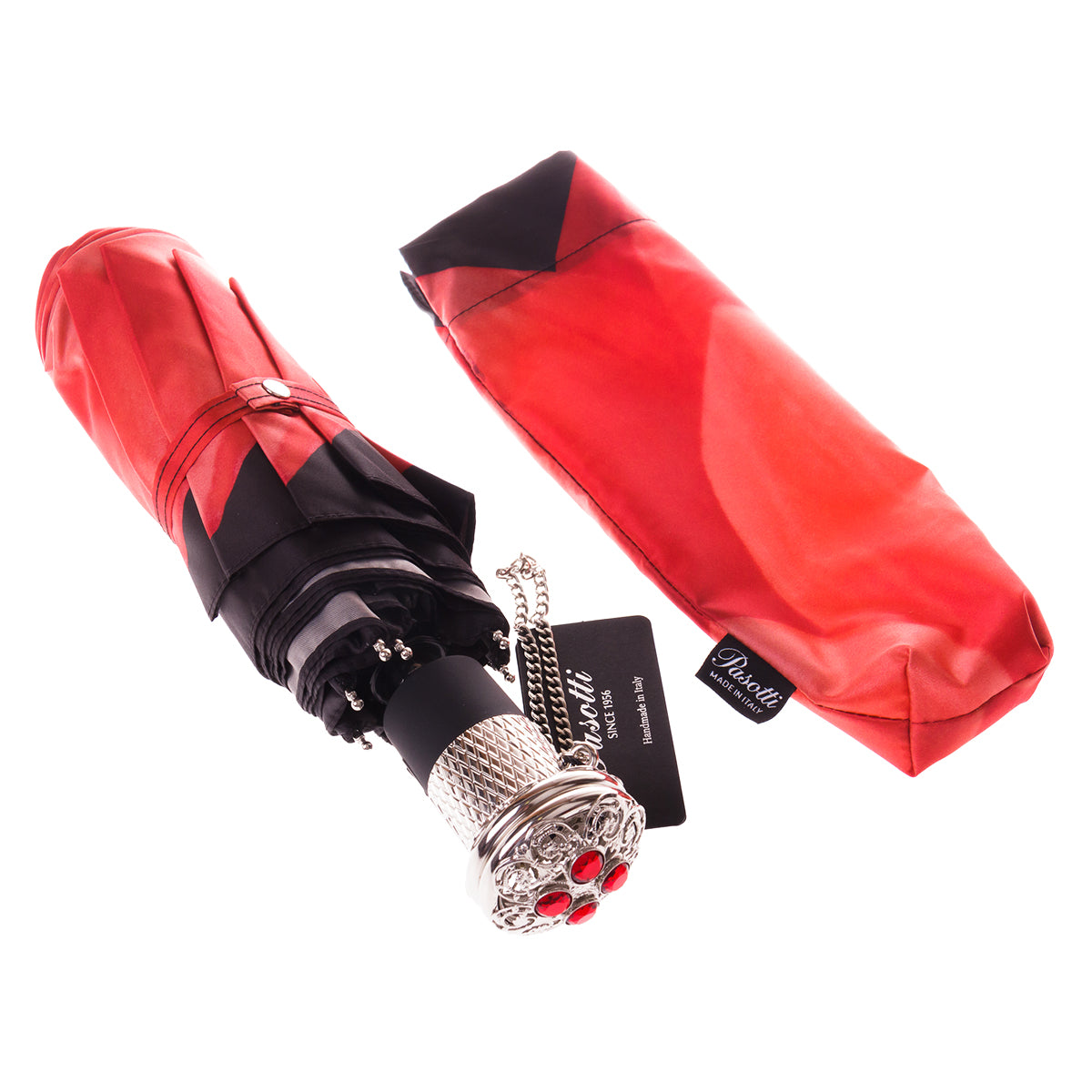 Pasotti Women’s Lux Red Dahlia Folding Umbrella with Jeweled Handle