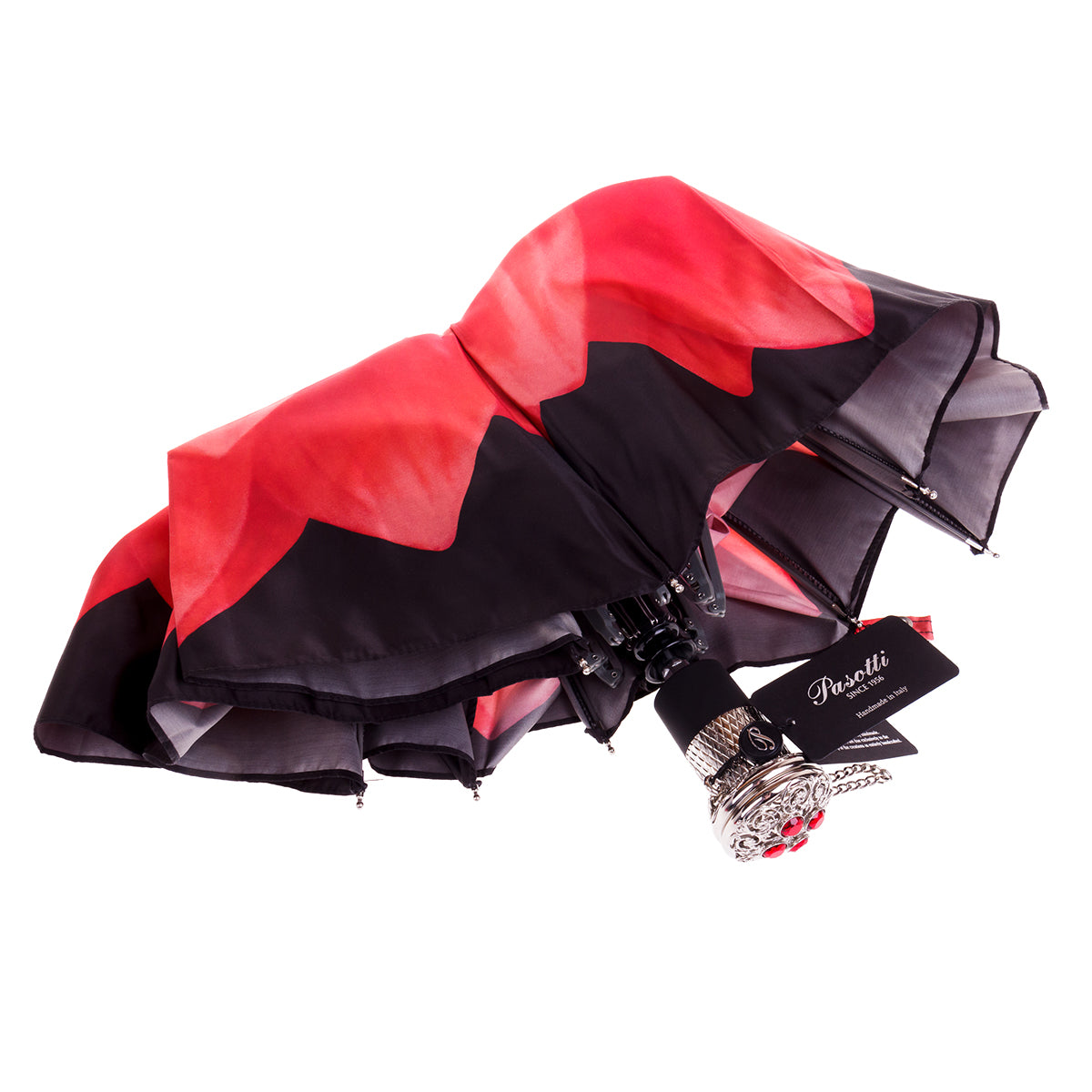 Pasotti Women’s Lux Red Dahlia Folding Umbrella with Jeweled Handle