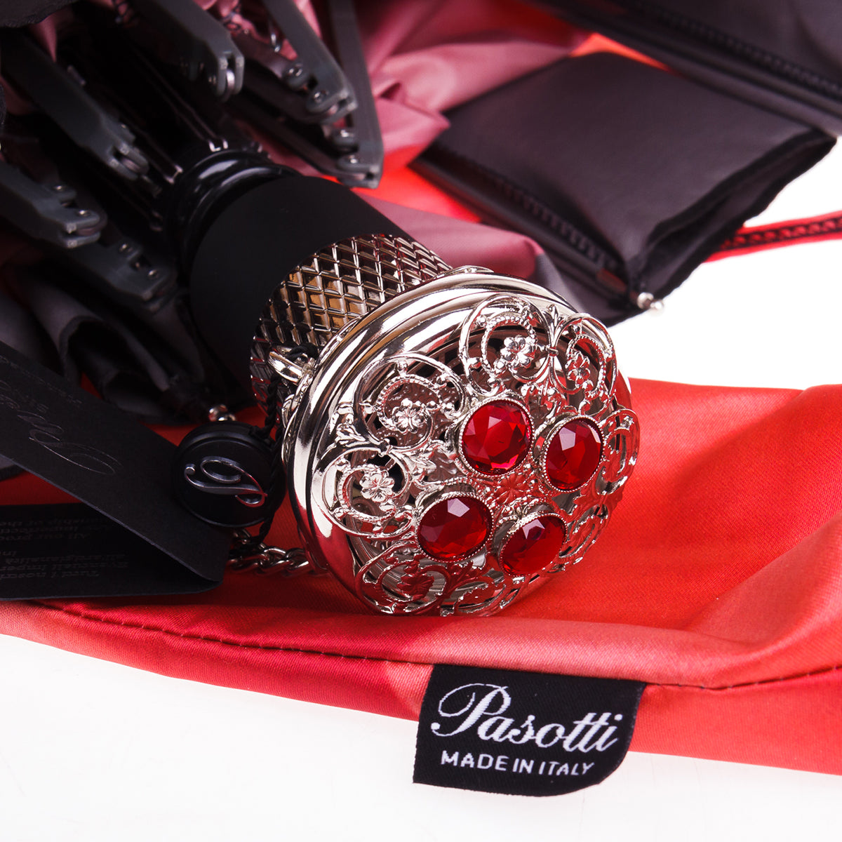 Pasotti Women’s Lux Red Dahlia Folding Umbrella with Jeweled Handle