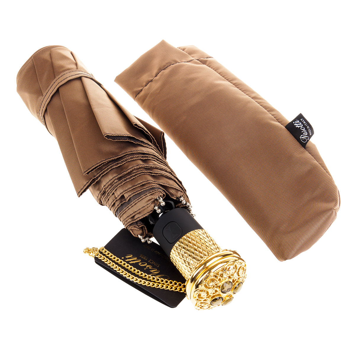 Pasotti Women’s Beige Lux Folding Umbrella with Jeweled Handle