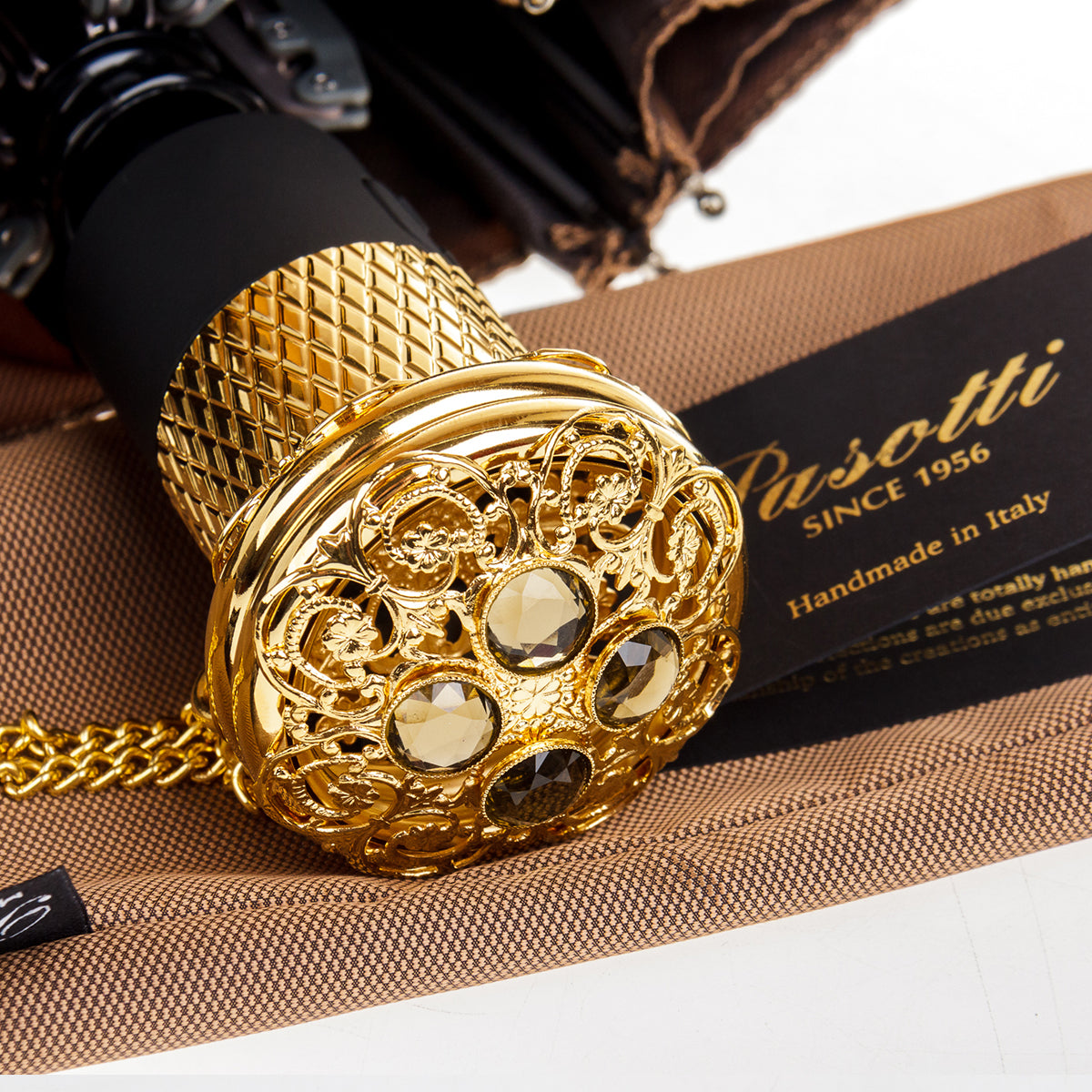 Pasotti Women’s Beige Lux Folding Umbrella with Jeweled Handle