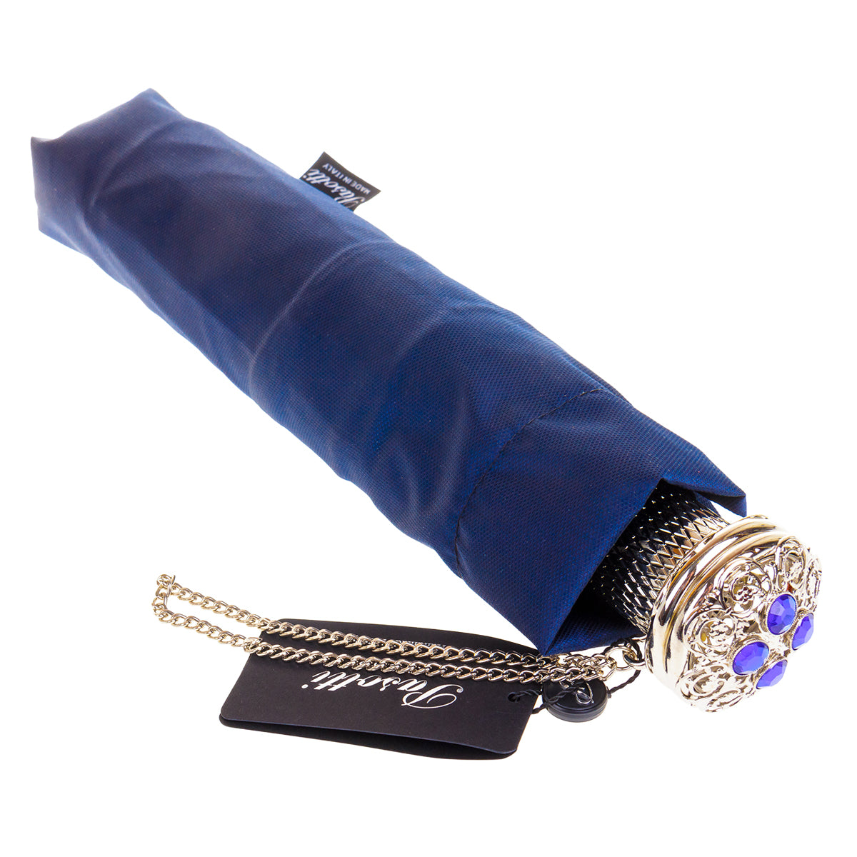 Pasotti Women’s Dark Blue Lux Folding Umbrella with Jeweled Handle