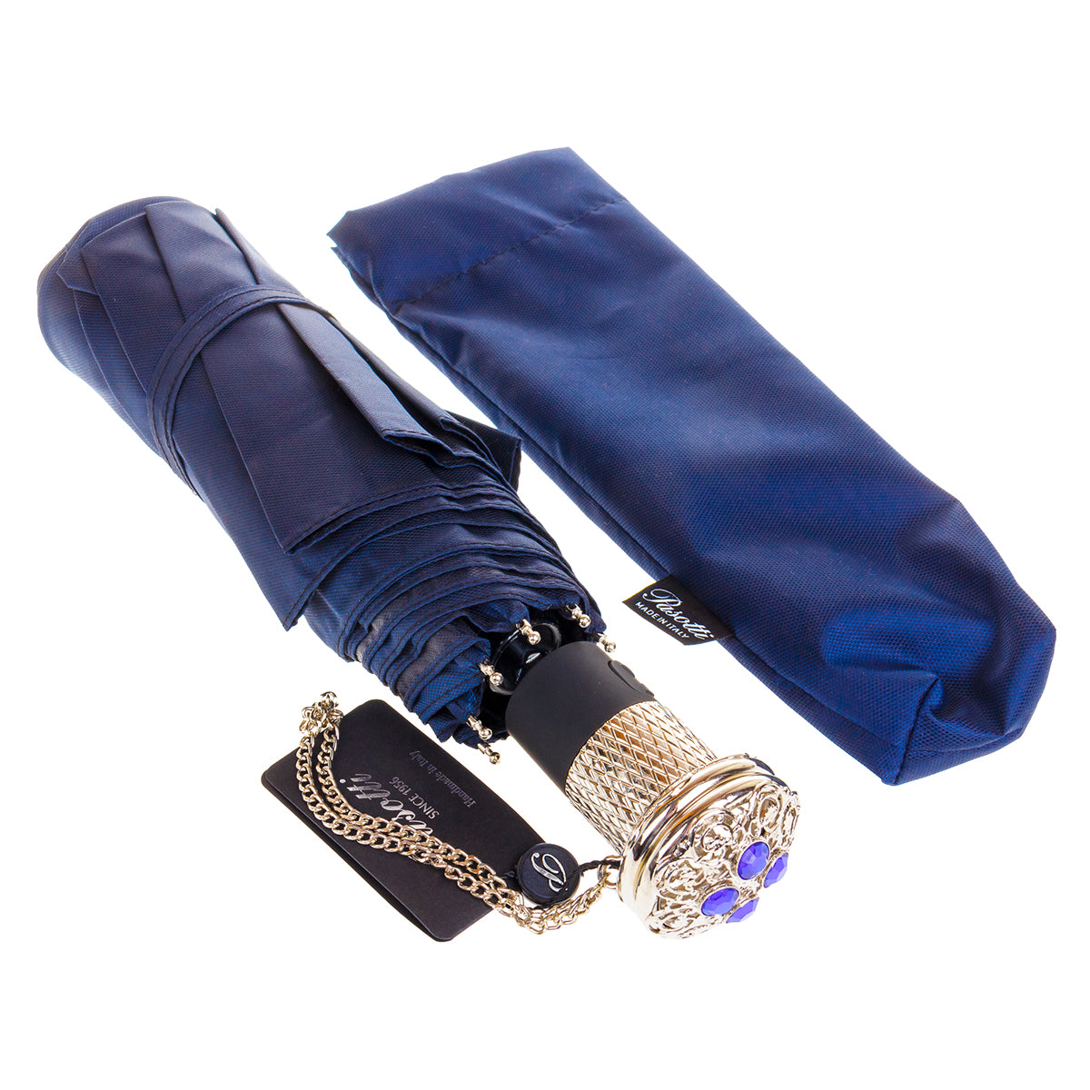 Pasotti Women’s Dark Blue Lux Folding Umbrella with Jeweled Handle