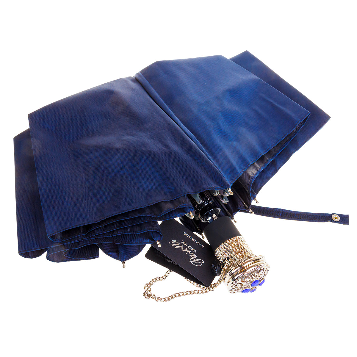 Pasotti Women’s Dark Blue Lux Folding Umbrella with Jeweled Handle