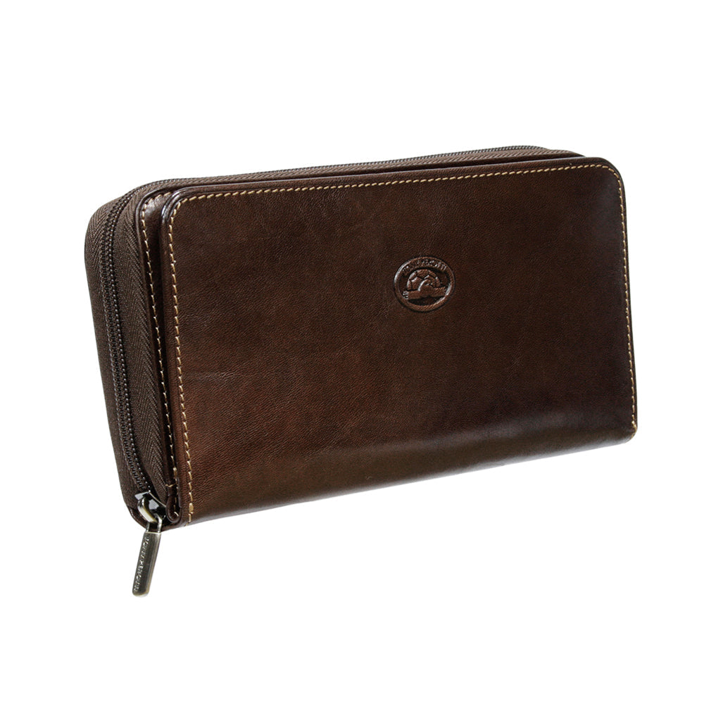 Tony Perotti dark brown leather zip-around wallet with a brand logo on a white background