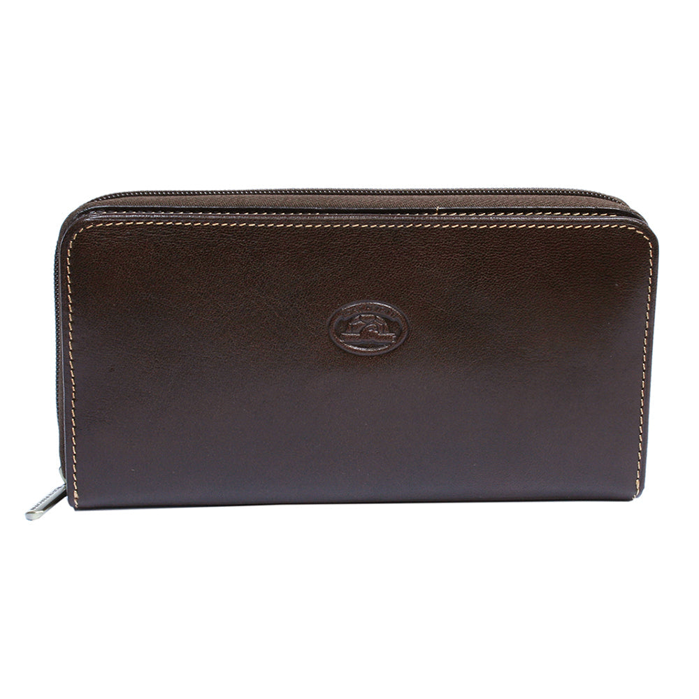 Tony Perotti dark brown leather zip wallet with a brand logo on a white background