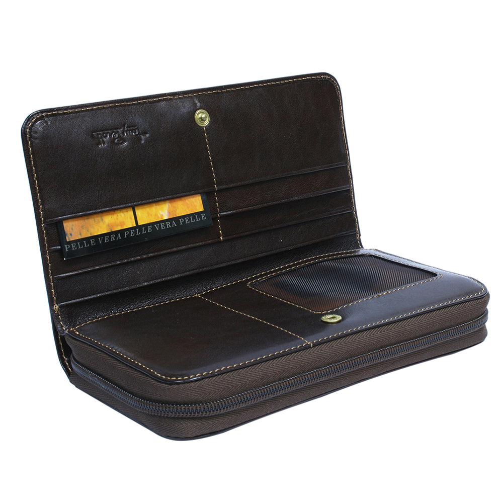 Tony Perotti dark brown leather zip-around wallet with visible brand logo on a white background