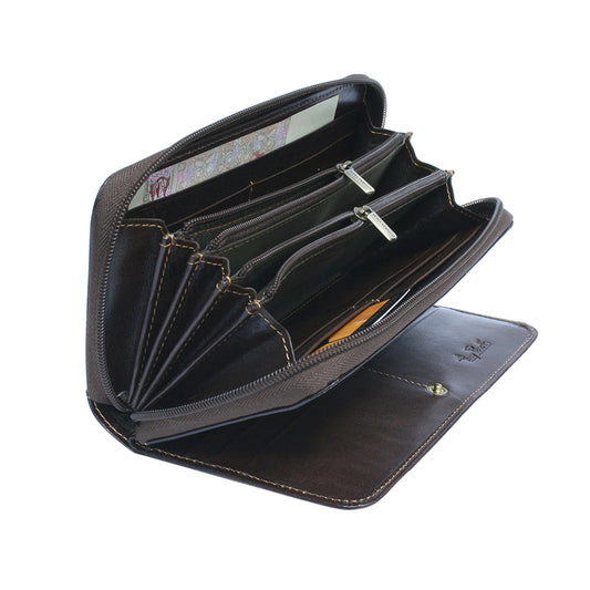 Tony Perotti dark brown leather zip-around wallet with multiple compartments on a white background