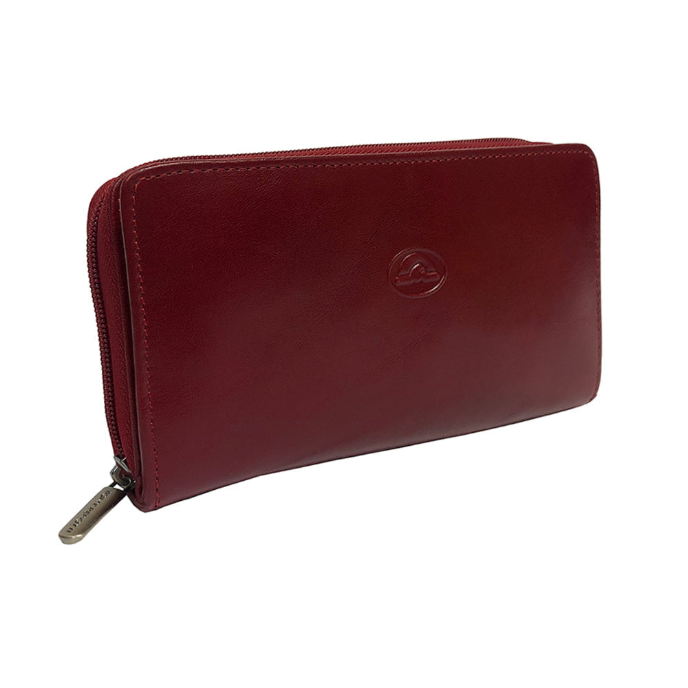 Red leather wallet with a brand logo on a white background