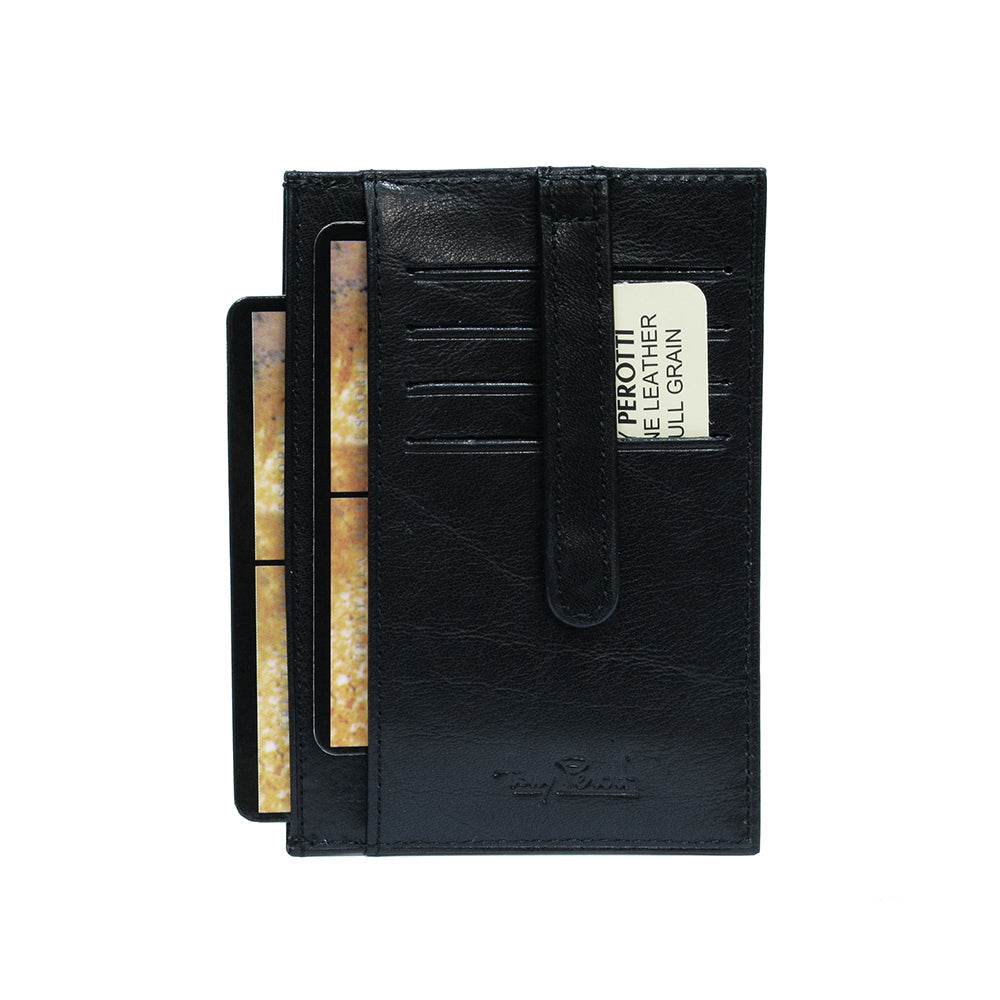 Black leather card holder back panel with retaining strap and card slots — Tony Perotti Italico 1203 nero