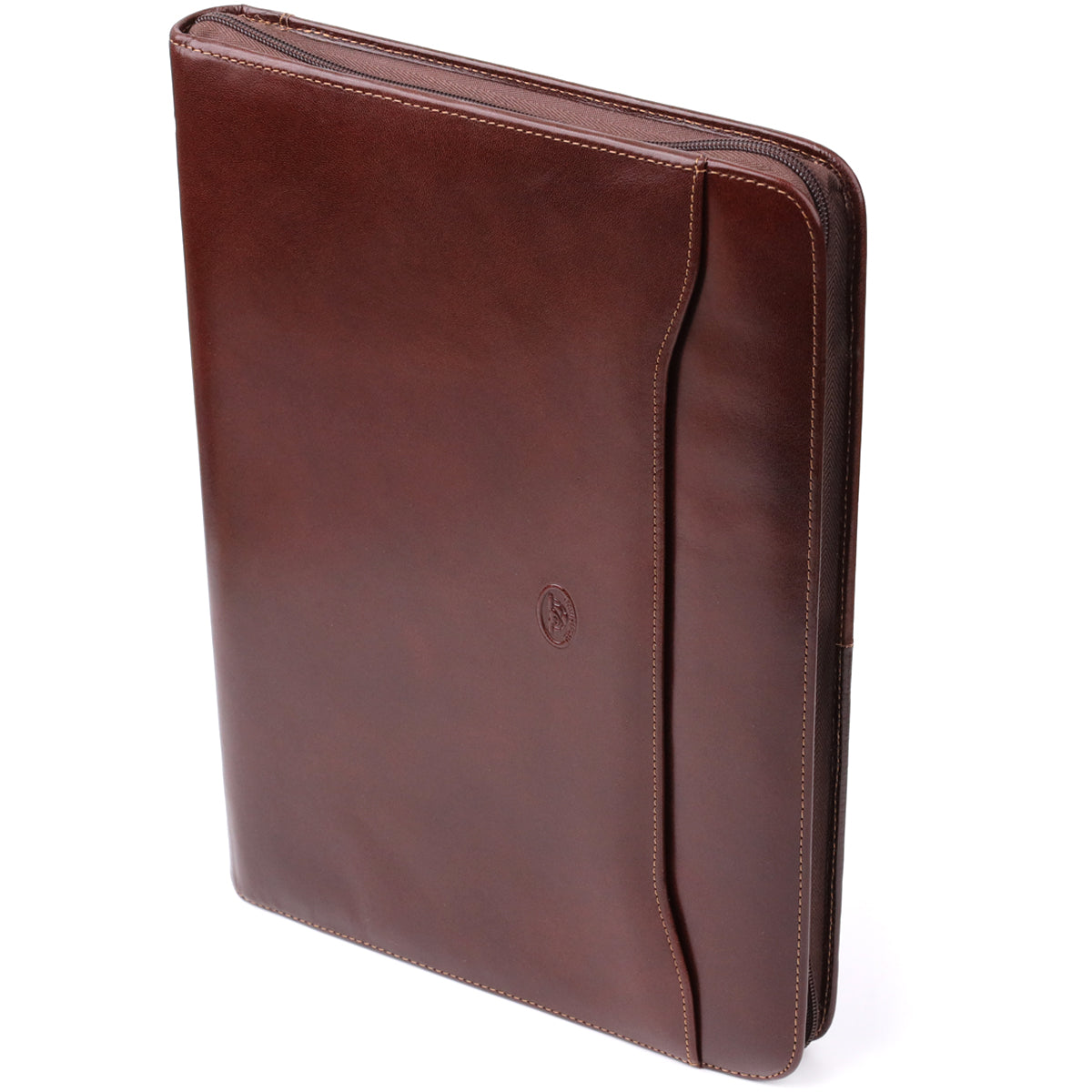 Dark brown Italico 1278L padfolio standing at an angle — contrasting light-beige stitching along the front pocket and the embossed turtle emblem