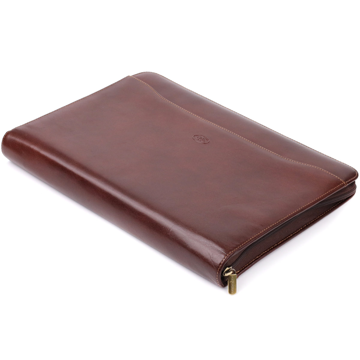 Closed dark brown leather padfolio Italico 1278L lying flat — glossy bull leather with the embossed turtle and an antique brass zip puller