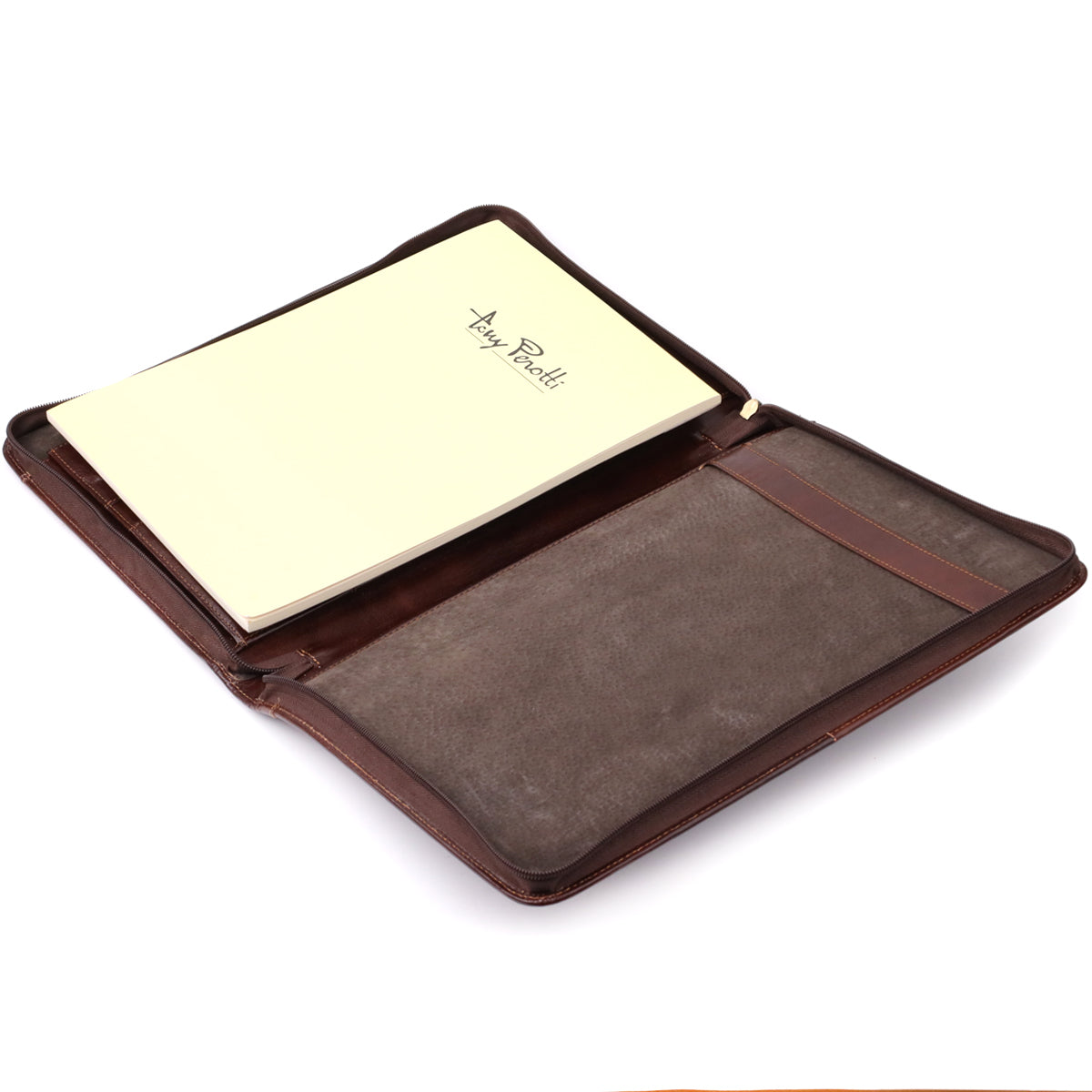 A4 Tony Perotti notepad lifted out of the dark brown Italico 1278L padfolio — the leather retaining strip that holds it in place