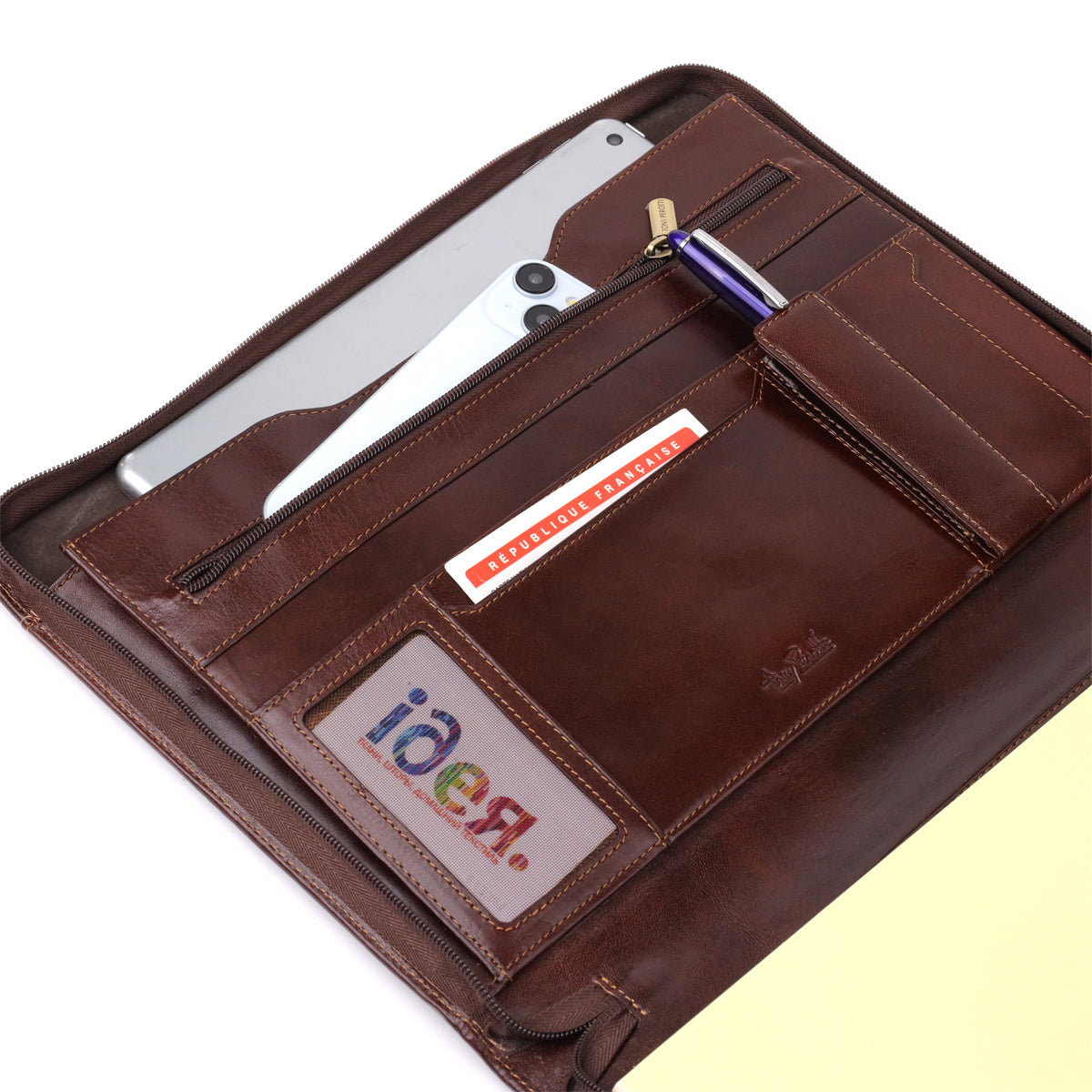 Organiser panel of the dark brown Italico 1278L padfolio in use — tablet and phone in the slip pocket a pen in the holder a business card in a slot and a card in the clear window