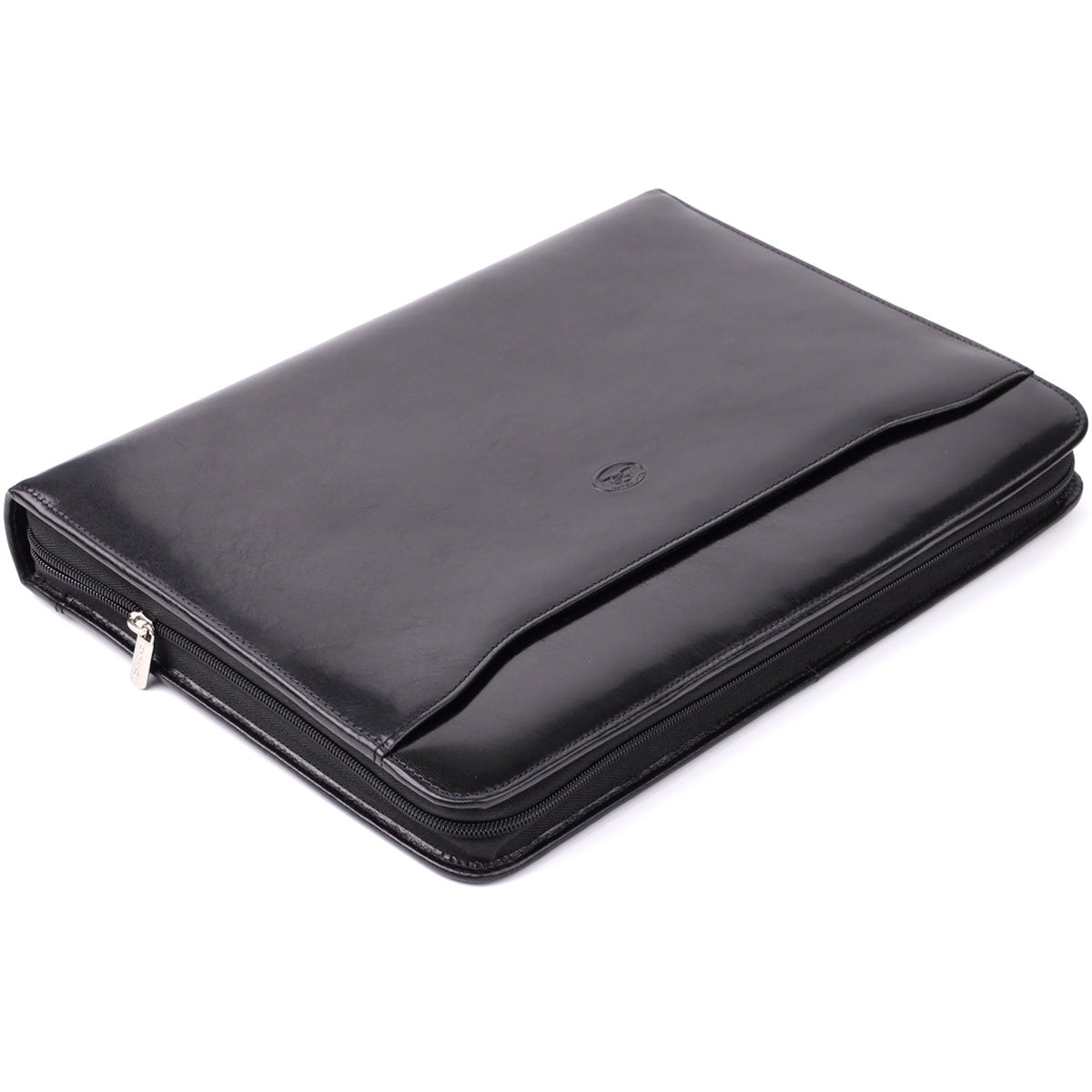 Closed black leather padfolio Italico 1278L lying at an angle — glossy bull leather with the embossed turtle and a silver zip puller