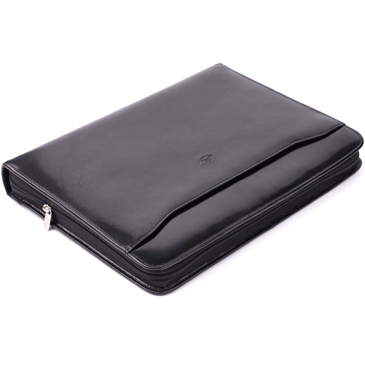 Closed black leather padfolio Italico 1278L lying at an angle — glossy bull leather with the embossed turtle and a silver zip puller