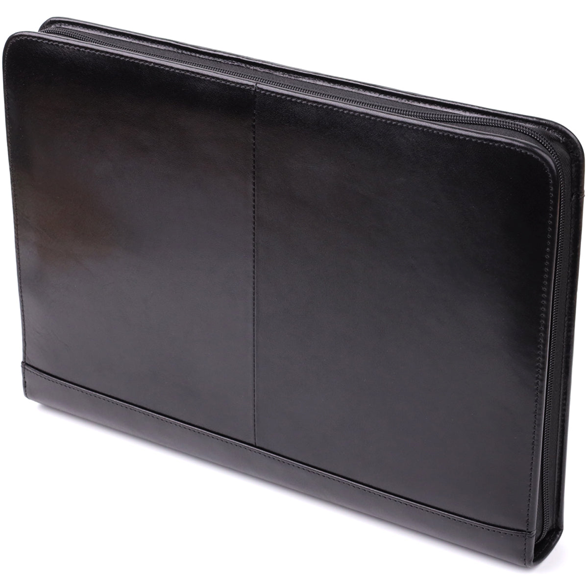 Closed black Italico 1278L padfolio from the back — plain seamed leather panel and the zip running around the edge