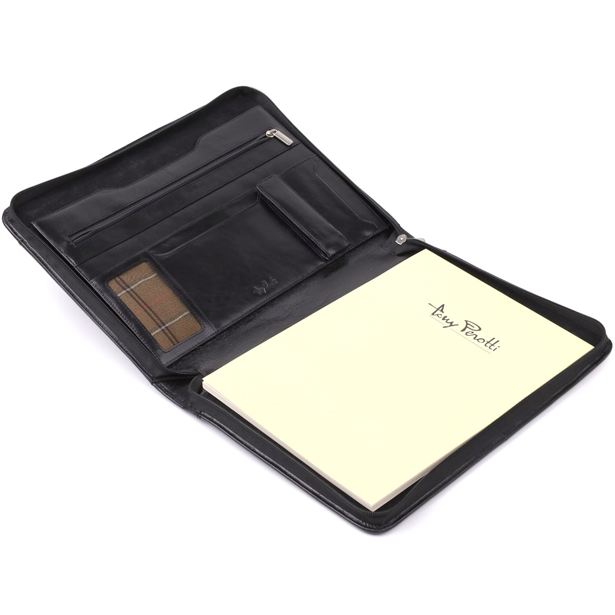 Black Italico 1278L padfolio opened flat — organiser panel on the left and the branded Tony Perotti A4 notepad on the right