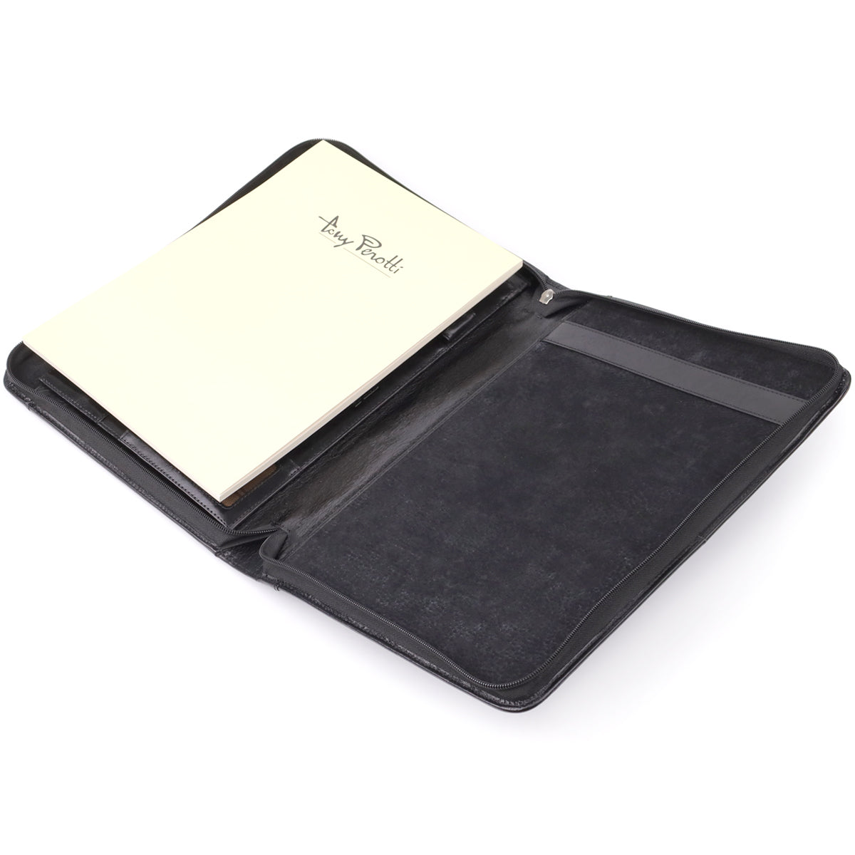 A4 Tony Perotti notepad lifted out of the black Italico 1278L padfolio — the leather retaining strip that holds it in place