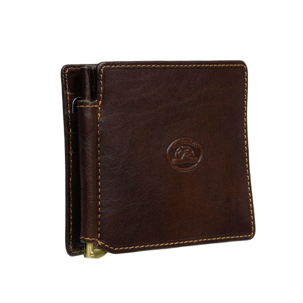 Tony Perotti Italico 1717 moro dark brown leather wallet at an angle — embossed turtle emblem, contrasting light-beige stitching and the brass clip visible along the spine