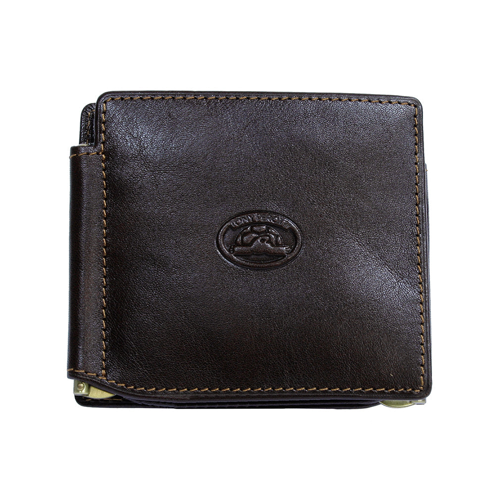 Front of the dark brown Tony Perotti Italico 1717 wallet — glossy bull leather with the embossed turtle and the ends of both brass money clips showing at the lower corners