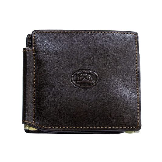 Front of the dark brown Tony Perotti Italico 1717 wallet — glossy bull leather with the embossed turtle and the ends of both brass money clips showing at the lower corners
